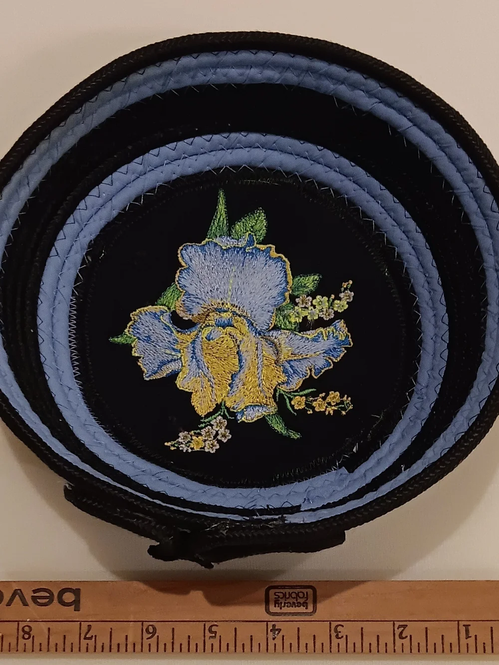 Embroidered Iris Round Patch with Sky Blue Trim.  Hand Made